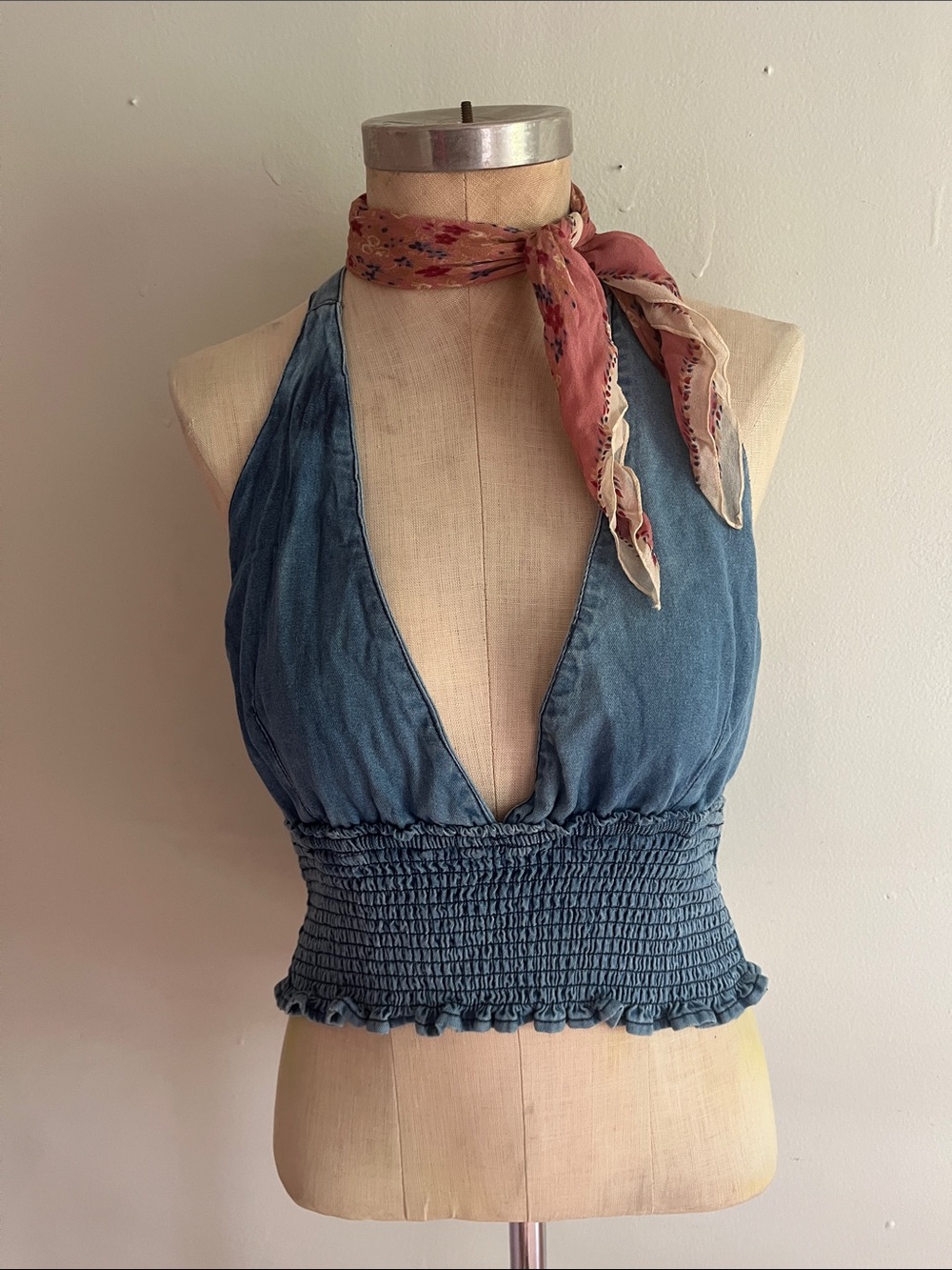 BDG Denim Halter Smocked Waist Camisole - Blue